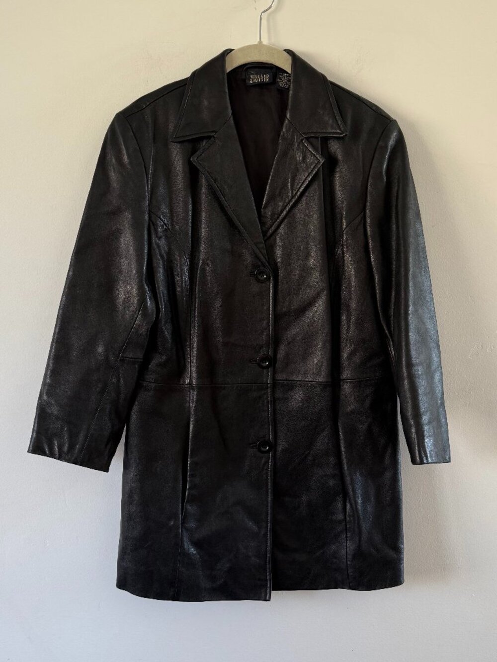 Hillard & Hanson Vintage Black Leather Jacket Midi Trench 90s Medium Coat